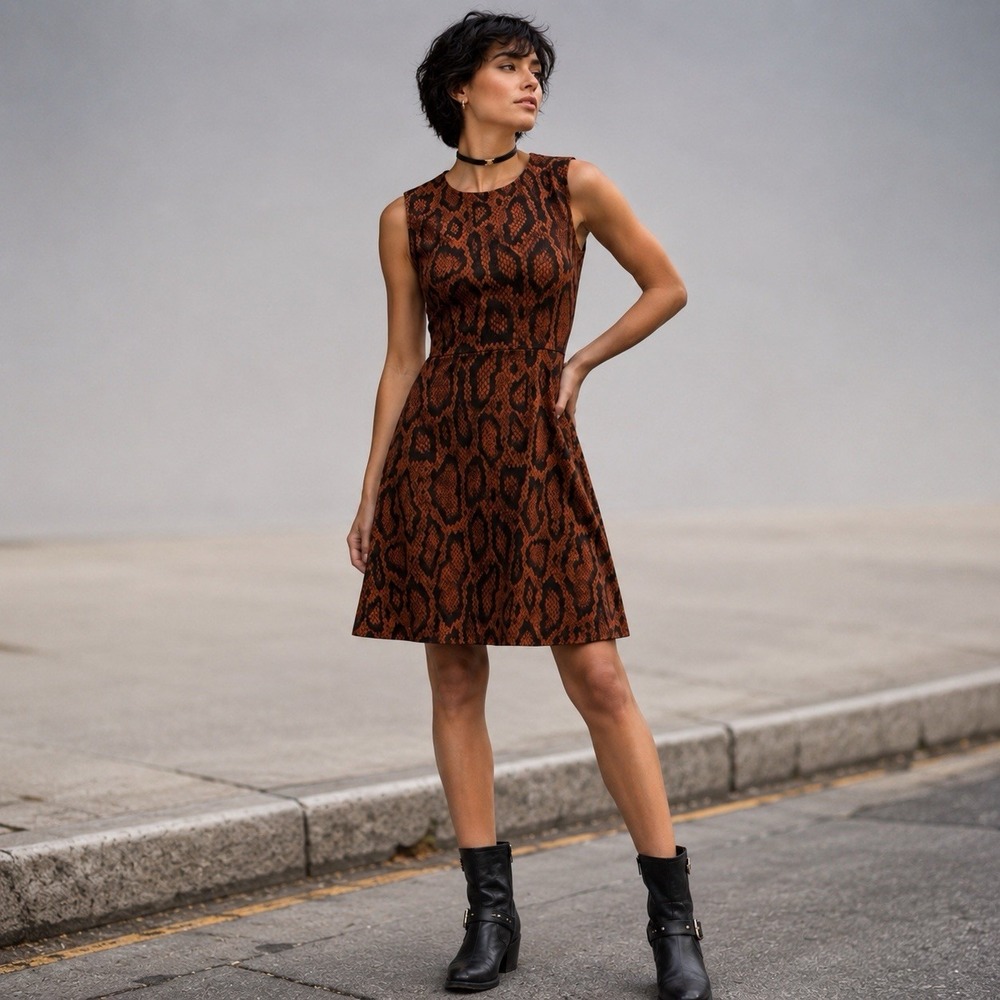 Mini Tank Fit & Flare Dress Size XS Brown Piton Print Stretch Party Date